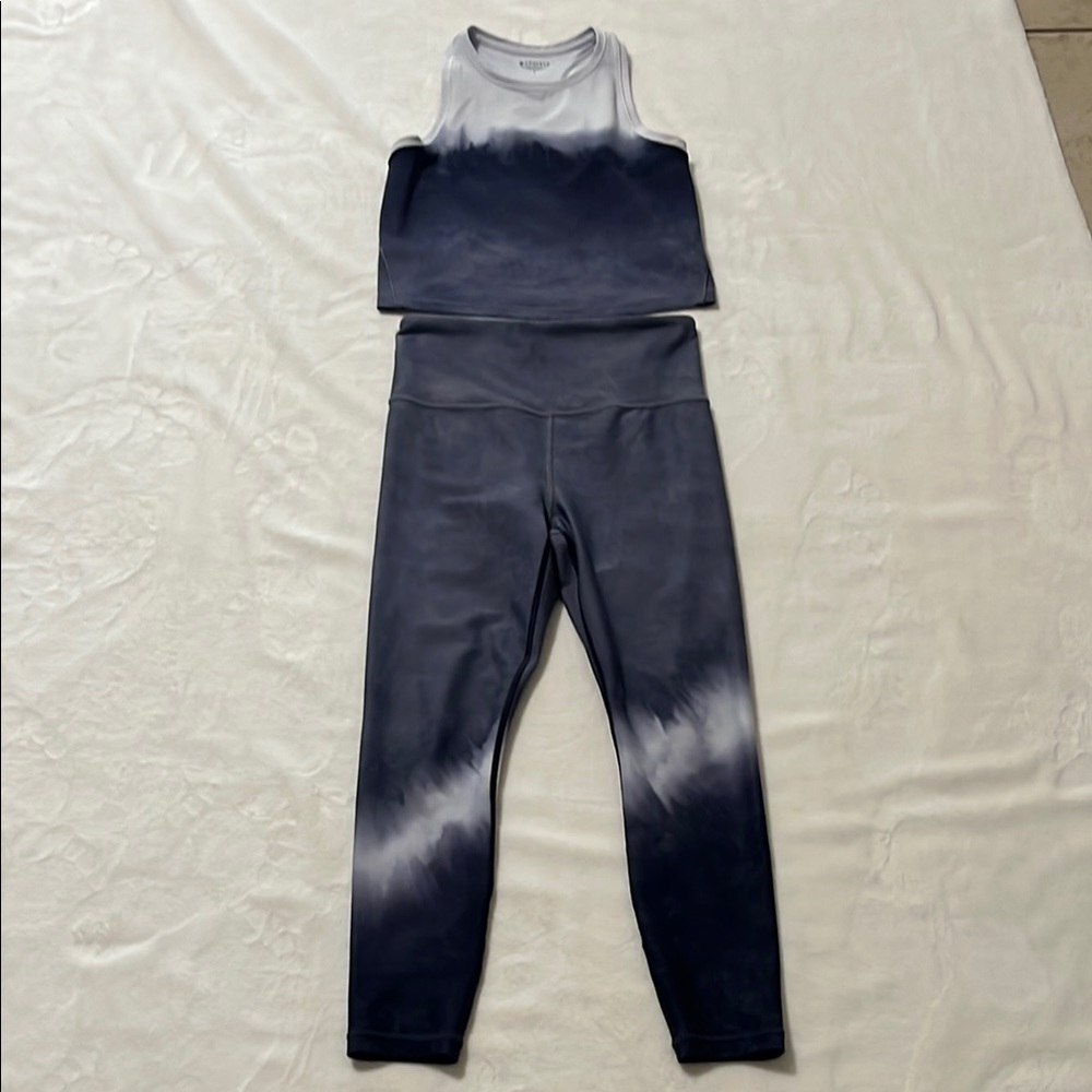 Athleta Blue and White top and Leggings Performance Stretch
